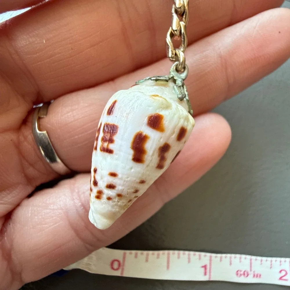 Vintage Natural Spotted Cone Shell Keychain Gold Tone Nautical Beach Bag Charm